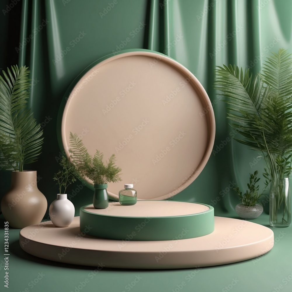 Poster elegant display featuring a two-tiered platform adorned with greenery and minimalist vessels. a sere
