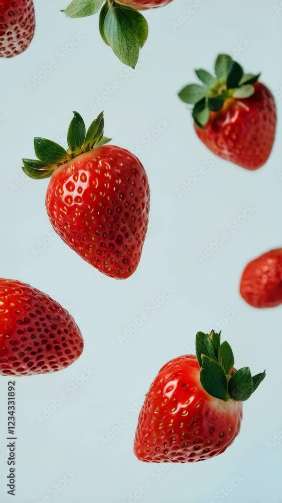 Poster ripe red strawberries with green leaves are suspended in mid air against a soft light blue backdrop,