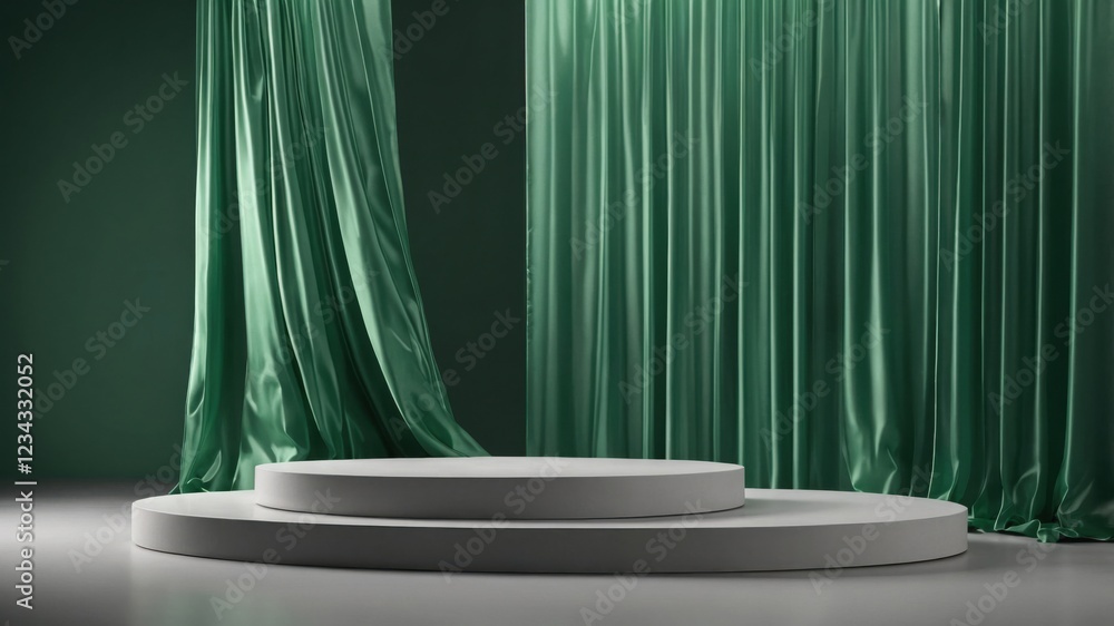 Aufkleber a minimalist display featuring a two-tiered platform set against a backdrop of flowing green curtain