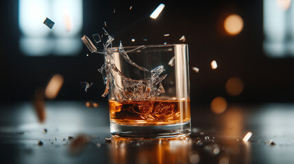 A shattered whiskey glass with liquid spreading out in the shape of a 'stop' sign, symbolizing breaking free from addiction.