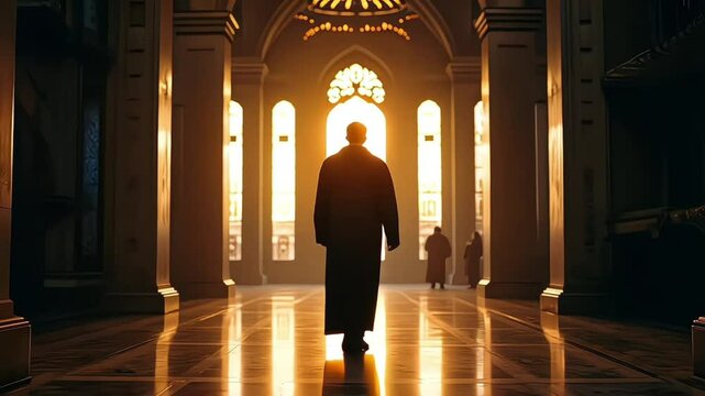 A religious Muslim man in thobe standing and performing salah namaz prayer inside the mosque