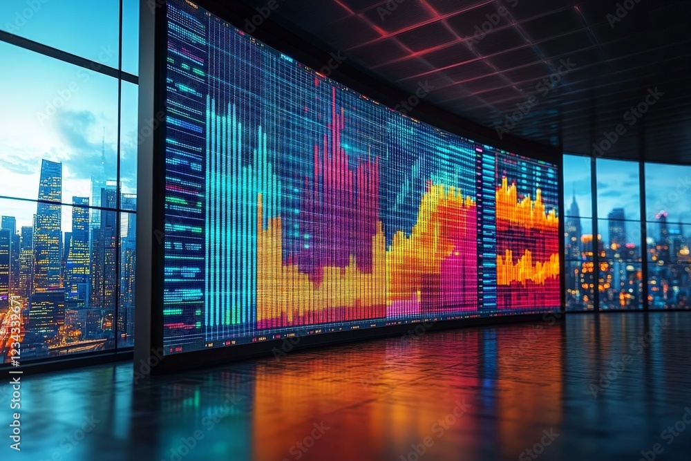 Poster data analysis visualized through vibrant graphs in a modern office overlooking a city skyline at dus