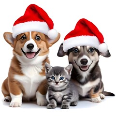 Adorable Corgi, Puppy, and Kitten Wearing Santa Hats – Festive Christmas Pets