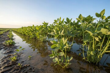 Soybeans standing tall in a shallow pool of water on a sunny day, farm ponds, peaceful atmosphere, sun reflecting off the water