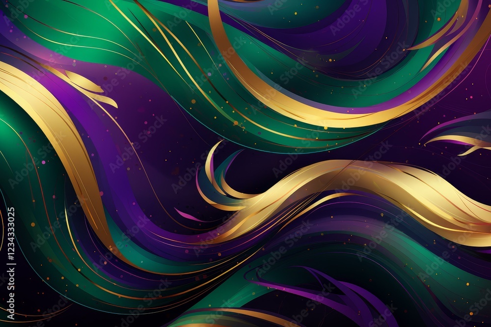 Aufkleber Golden and emerald green wavy lines flowing on a purple background creating an abstract and elegant design