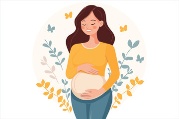 Pregnant woman with hands on her belly, Beautiful pregnant woman, Pregnant woman, Vector illustration