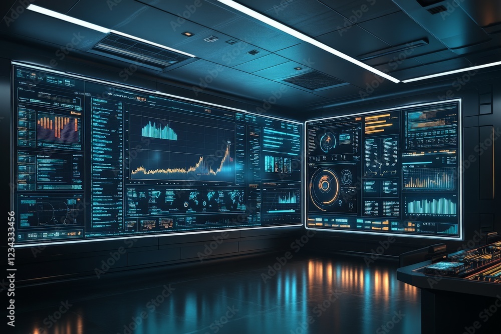 Aufkleber High-tech control room features multiple digital screens displaying data analytics and graphs in a modern setting