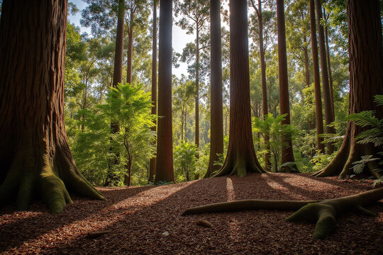 serene forest scene eucalyptus trees sunlight forest floor