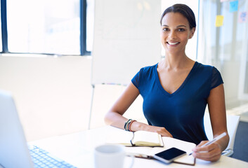 Office, portrait and business woman with notebook for investment information, reminder and career....