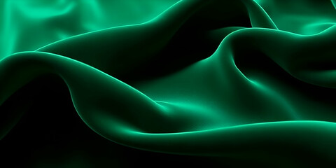 Obraz premium Luxurious emerald green silk fabric, flowing folds, rich texture, shimmering surface, deep shadows, soft lighting, close-up detail, abstract waves, sensual curves, velvet-like appearance, glossy finis
