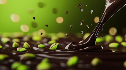 A close-up of melting dark chocolate draped over pistachios and green kadayif, with a rich, indulgent glow emphasizing its gourmet appeal.