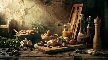 Fototapeta premium Rustic kitchen table with fresh ingredients