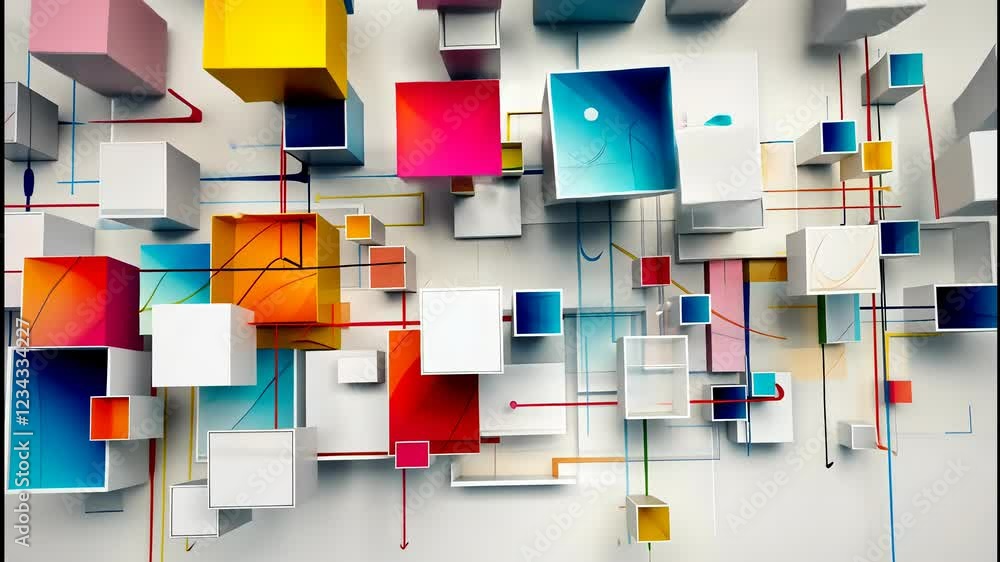 Poster colorful geometric shapes and vibrant lines create an artistic display on a muted background