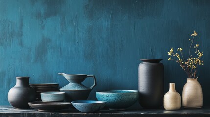 Minimalist pottery and vases on a serene blue background