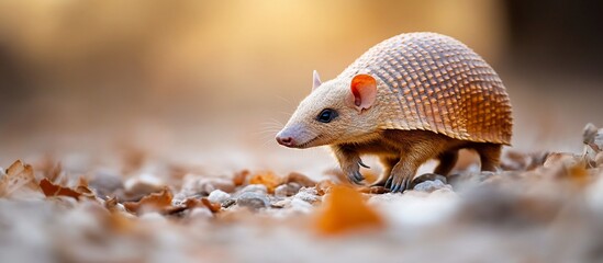 Obraz premium Pink Fairy Armadillo walks autumn leaves, blurred background