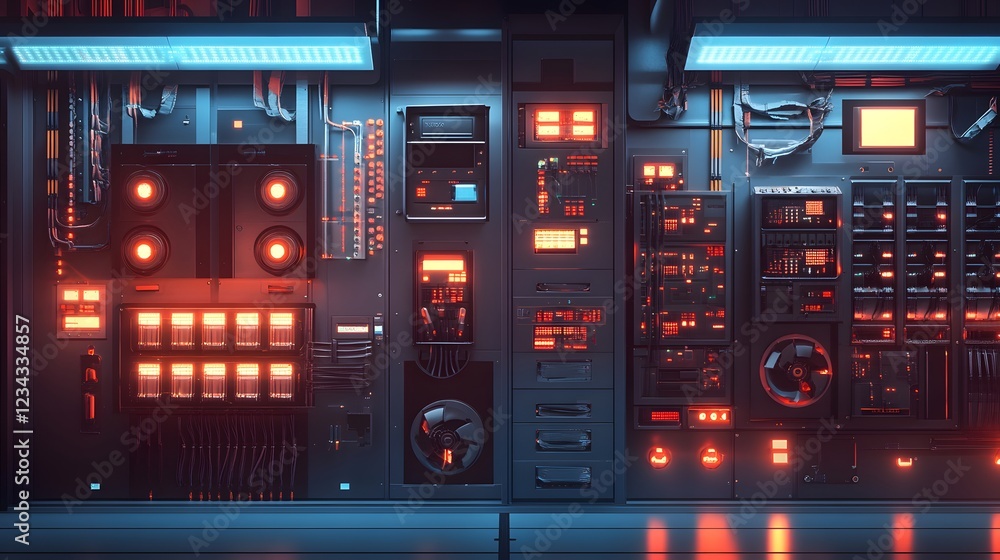 Poster a black and orange electronic board with many buttons and dials. the board is lit up and he is a con