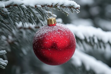 Red ornament hanging on snow-covered evergreen tree branches during winter season
