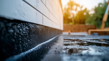 A close-up of a foundation wall covered with a waterproofing membrane, showing the smooth texture of the protective layer.