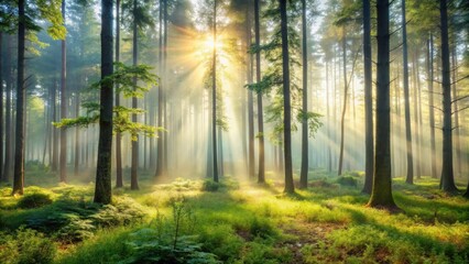 Fototapeta premium Panorama von Wald im vertr?umten sanften Licht und leichten Dunst, serene, natural, serene, natural