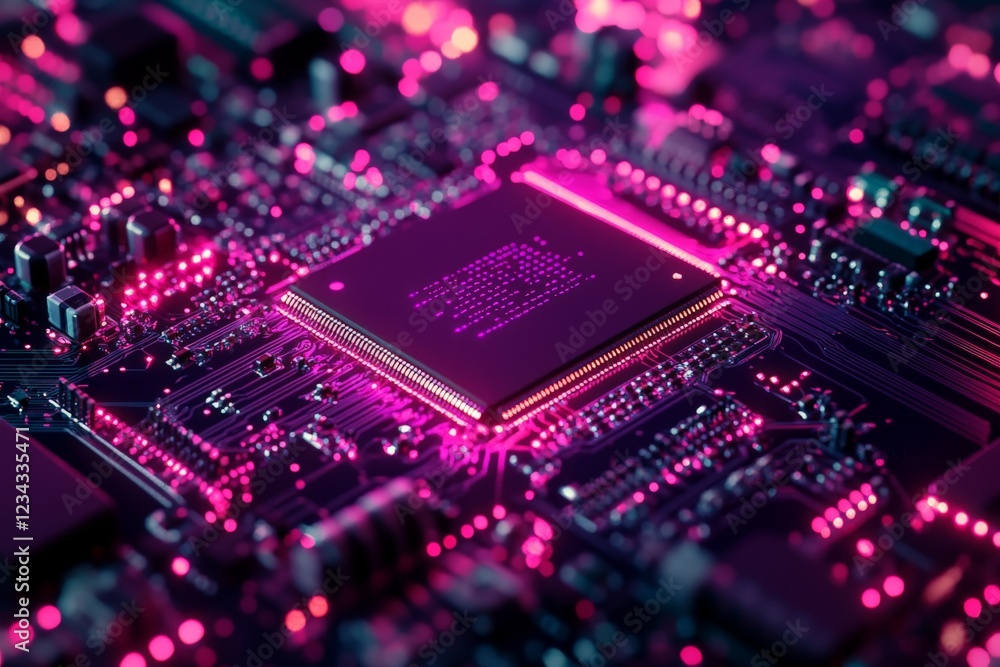 Poster circuit board illuminated with vibrant pink lights showcasing advanced technology and electronic com