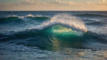 Fototapeta premium A powerful ocean wave curls, showcasing its vibrant teal interior and foamy crest against the backdrop of a serene sunset.