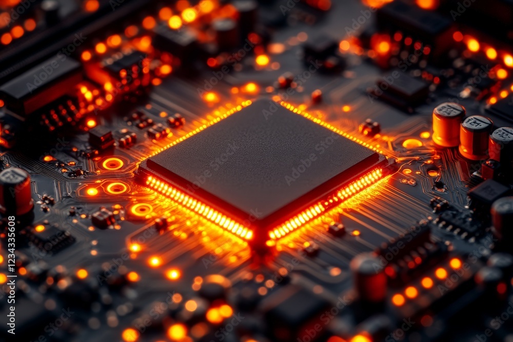 Poster close-up view of an illuminated microchip on a circuit board with glowing components at night