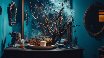Moody aquarium with decorative marine elements