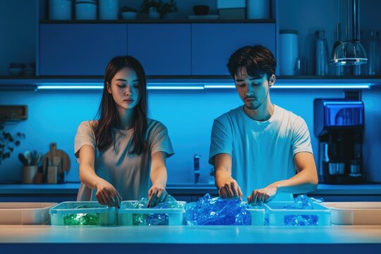 A young couple diligently sorts plastic waste into different recycling bins in their modern kitchen, illuminated by vibrant blue neon lights.