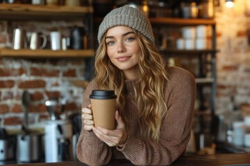 A young woman with long blonde hair and a beanie smiles while holding a takeaway coffee cup in a cozy cafe.