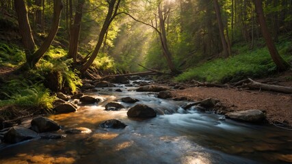 Obraz premium Sunbeams illuminate a tranquil forest stream, flowing over smooth rocks. Lush greenery lines the banks, creating a serene natural scene.