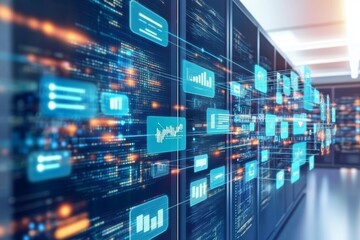 Obraz premium Abstract Visualization of Data Flow in a Modern Server Room