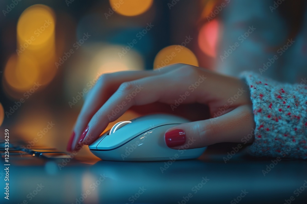 Aufkleber Hand using a white computer mouse while working at a desk with an urban backdrop at night