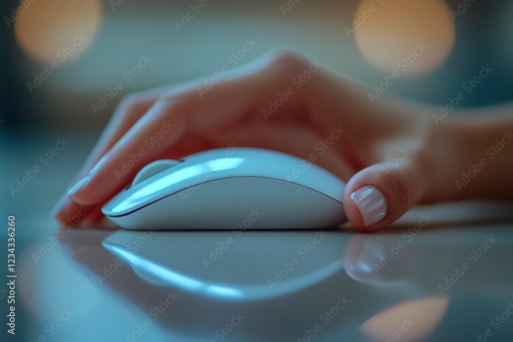Aufkleber Hand gently resting on a sleek white computer mouse at a modern workspace during evening hours