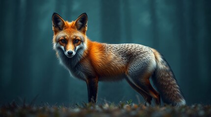 Fototapeta premium Fox standing in misty forest, cinematic wildlife portrait. Educational materials, forestry, biology, nature conservation, infographics, wildlife, zoo, tourism, logo, children's book, 