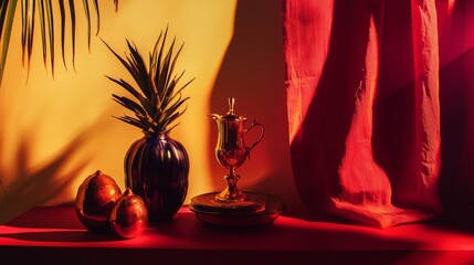 Silhouettes of tropical decor against warm light