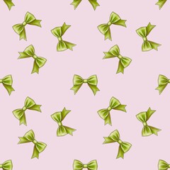 Seamless Pattern Green Bow Elegant on Pastel Pink Background