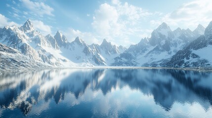 Fototapeta premium Snow capped mountains reflecting in a calm lake