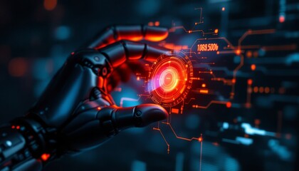 Fototapeta premium Futuristic Robotic Hand Interacting with Digital Interface Displaying Complex Technology Data