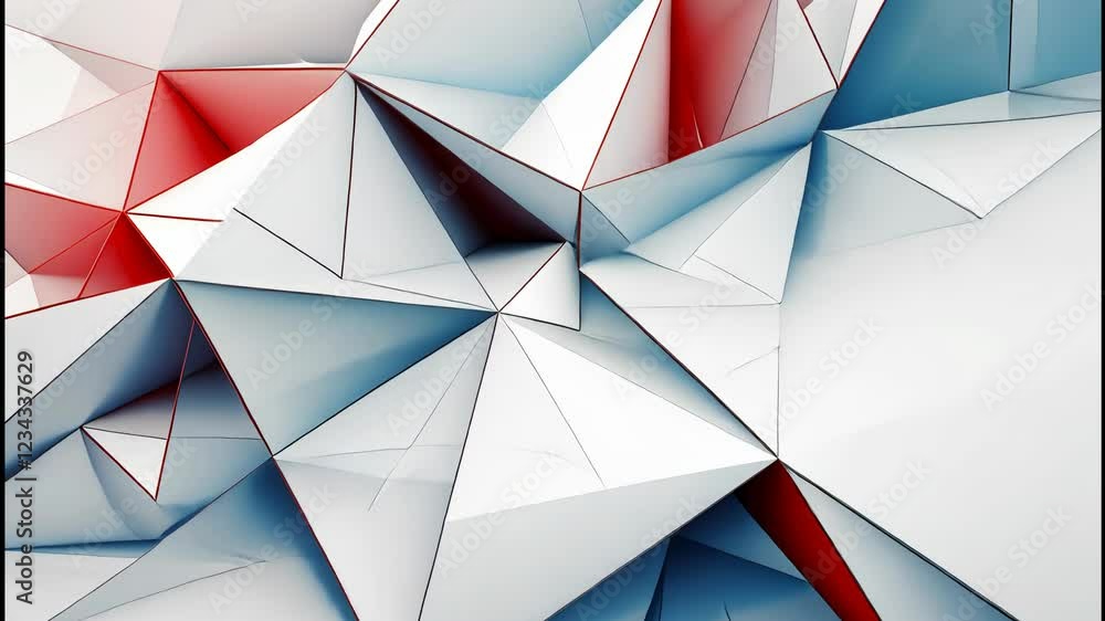 Poster exploring a vibrant geometric landscape with sharp angles and red highlights amidst a white backdrop