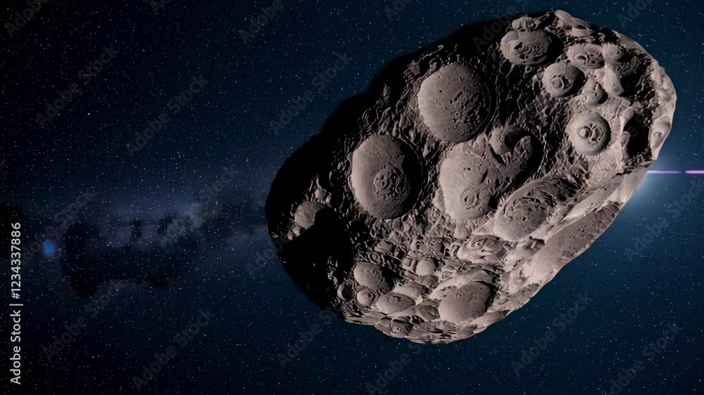 Poster massive rocky asteroid drifting closer to planet earth, revealing cratered surface against starry co