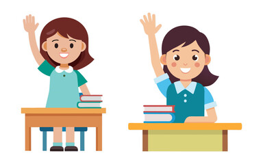 Two Cartoon Girl Waving Hand In Classroom Vector Illustration