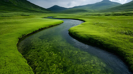 Obraz premium Serpentine river flows through green valley, mountains backdrop; nature serenity
