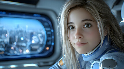 Futuristic pilot smiles, city view. Sci-fi film poster