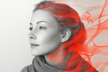 Woman with flowing red fabric creating an artistic profile against a neutral background