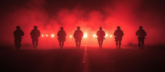 Fototapeta premium Soldiers patrol night road, red lights, smoke. Military action image