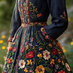 Embroidered Floral Dress  Vintage Style  Handmade Textile  Closeup