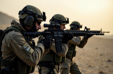 Fototapeta premium Medium plan. A number of soldiers in military uniform and with weapons go on the offensive in a desert area.