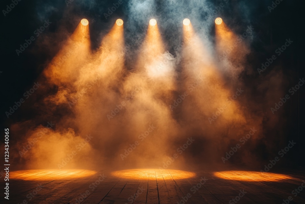 Poster Dramatic lighting and haze create an engaging atmosphere for a performance or event at a theater stage