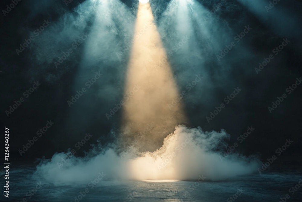 Poster dramatic lighting creates an atmospheric fog effect on a dark stage in a performance venue