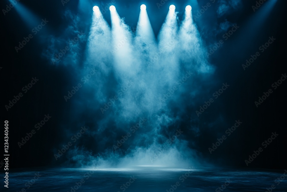 Poster dramatic stage lighting with blue fog creating an atmospheric environment for performances and event